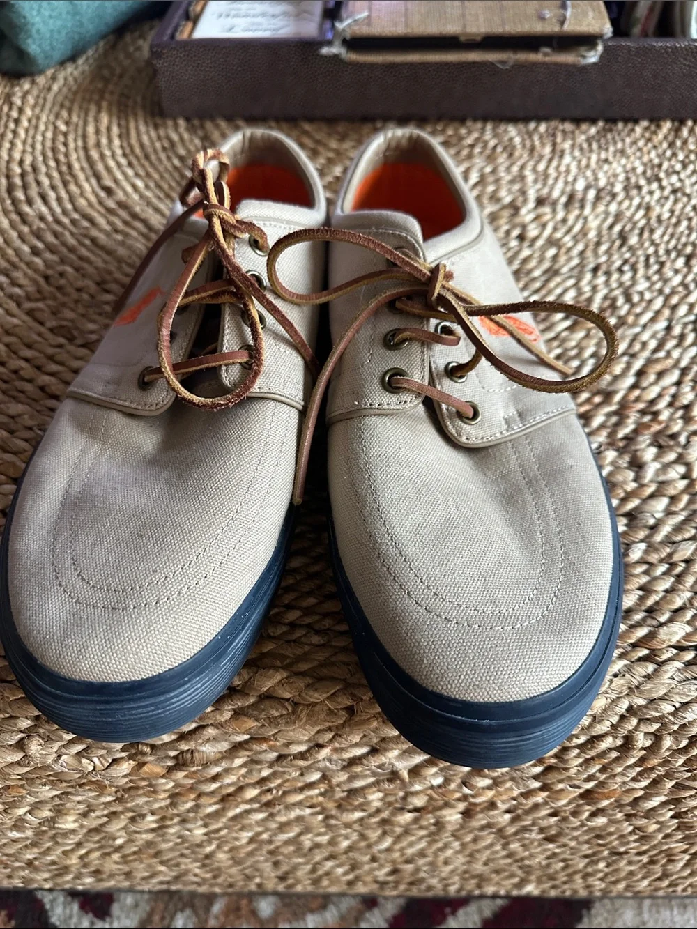 Polo by Ralph Lauren Men’s Beige Canvas Boat Shoes with Orange Logo size 10.5